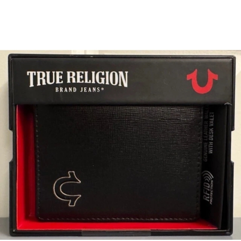 True Religion Black Card Holder with Red Interior